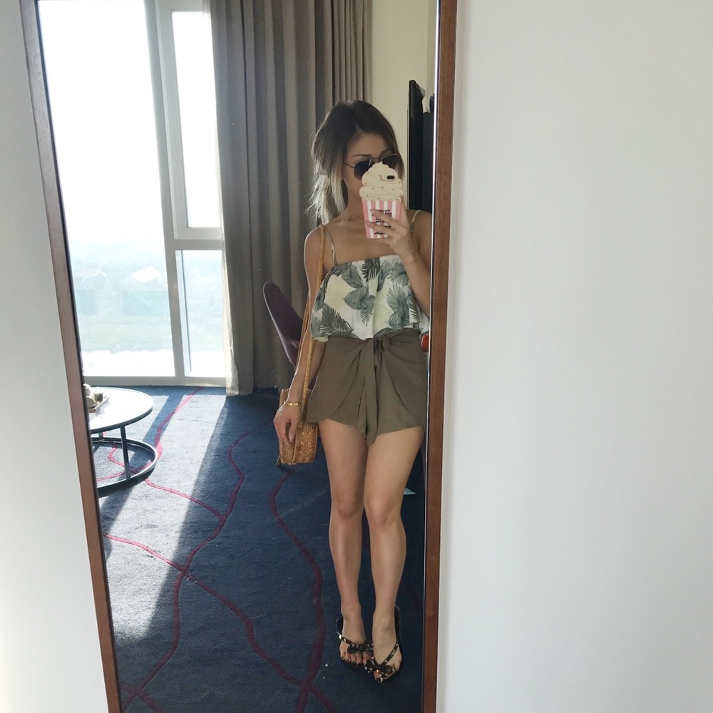 Leaf crop top & army green wrapped shorts